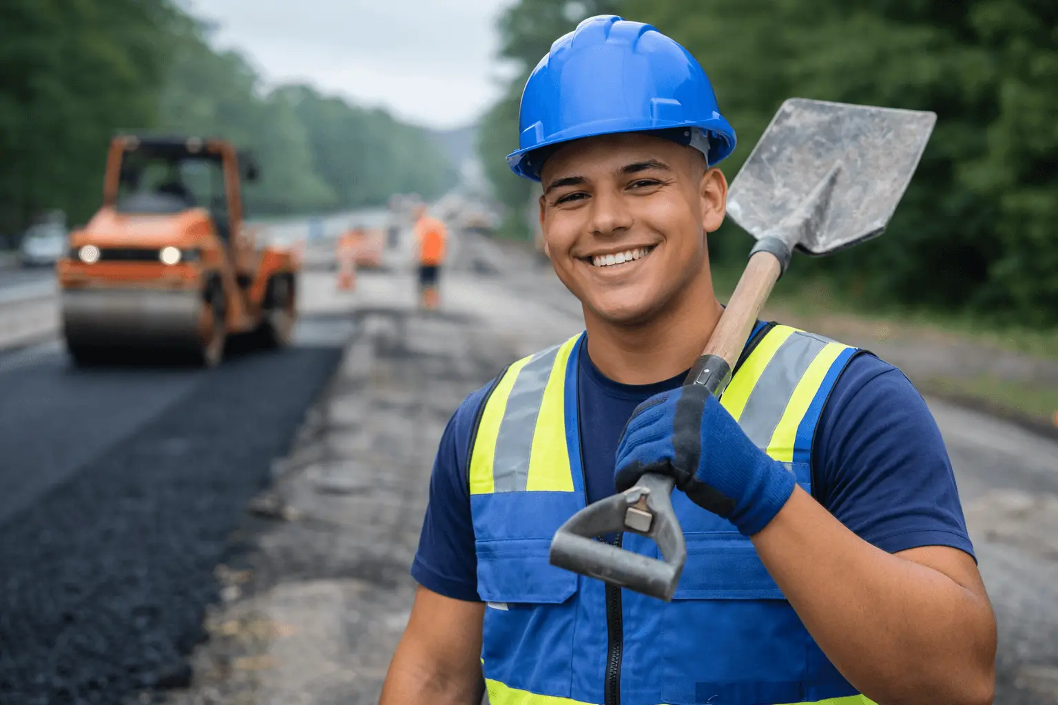 Auszubildender Straßenbauer mit Schaufel auf Baustelle