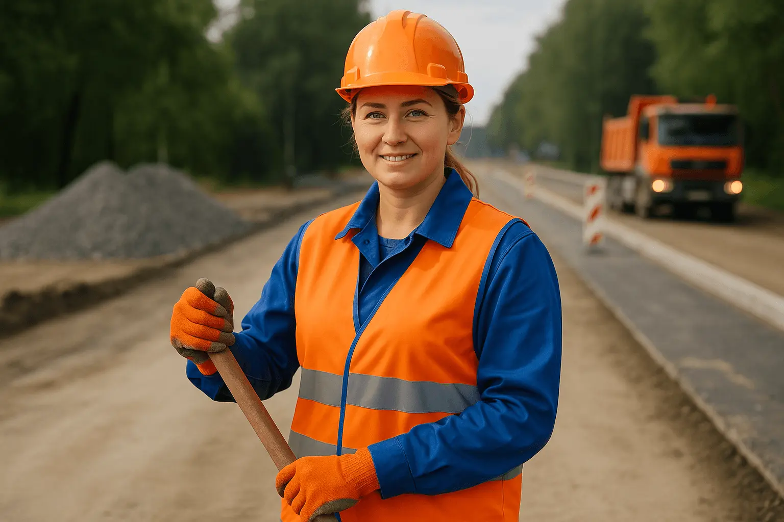 Straßenbauermeister arbeitet auf Baustelle und überwacht den Straßenbau