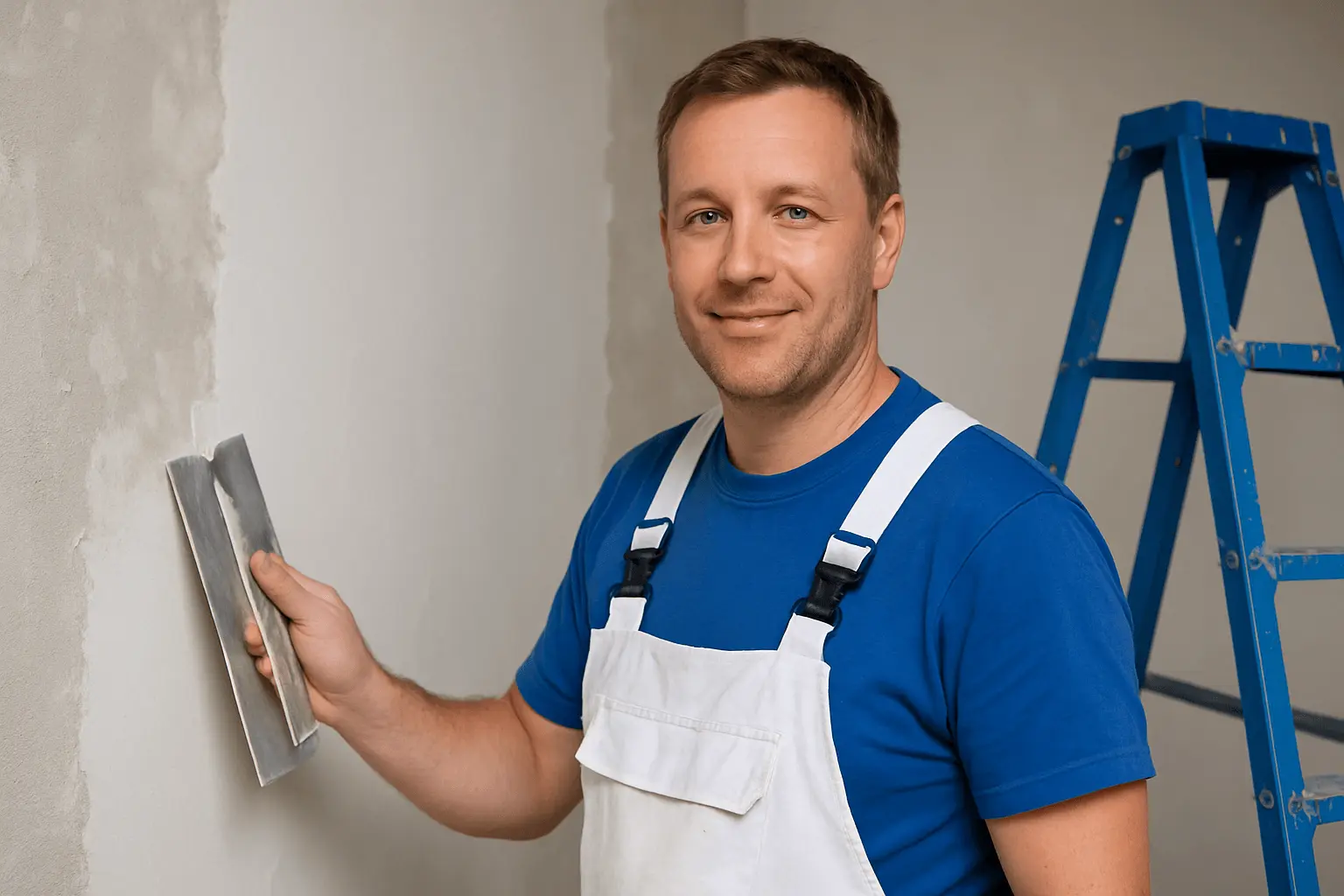 Stuckateurmeister verputzt Wand und sorgt für glatte Oberflächen