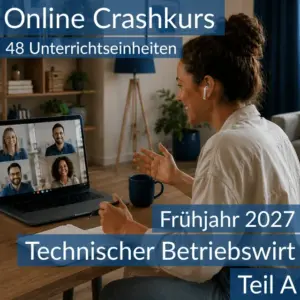 Teilnehmende eines Onlinekurses bereiten sich gemeinsam auf die Inhalte von Teil A des Technischen Betriebswirts vor.