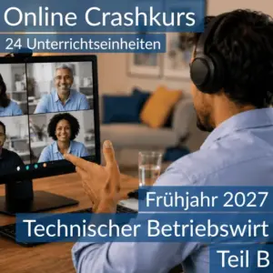 Teilnehmende eines Onlinekurses vertiefen gemeinsam die Inhalte von Teil B des Technischen Betriebswirts.