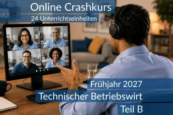 Teilnehmende eines Onlinekurses vertiefen gemeinsam die Inhalte von Teil B des Technischen Betriebswirts.