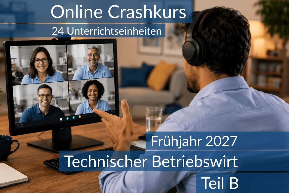 Teilnehmende eines Onlinekurses vertiefen gemeinsam die Inhalte von Teil B des Technischen Betriebswirts.