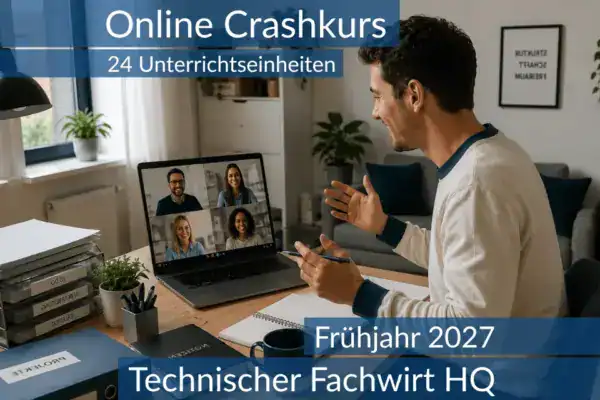 Teilnehmende eines Onlinekurses bereiten sich gemeinsam auf die Inhalte der HQ für Technische Fachwirte vor.