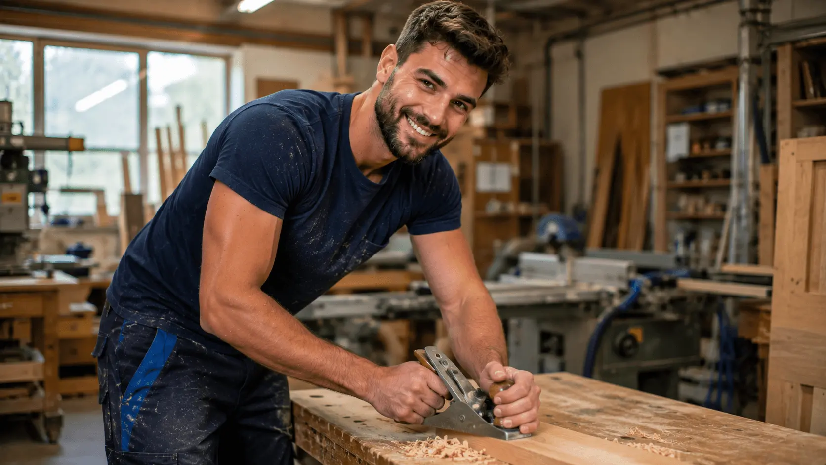 Tischler in Ausbildung bei der Holzbearbeitung in der Werkstatt