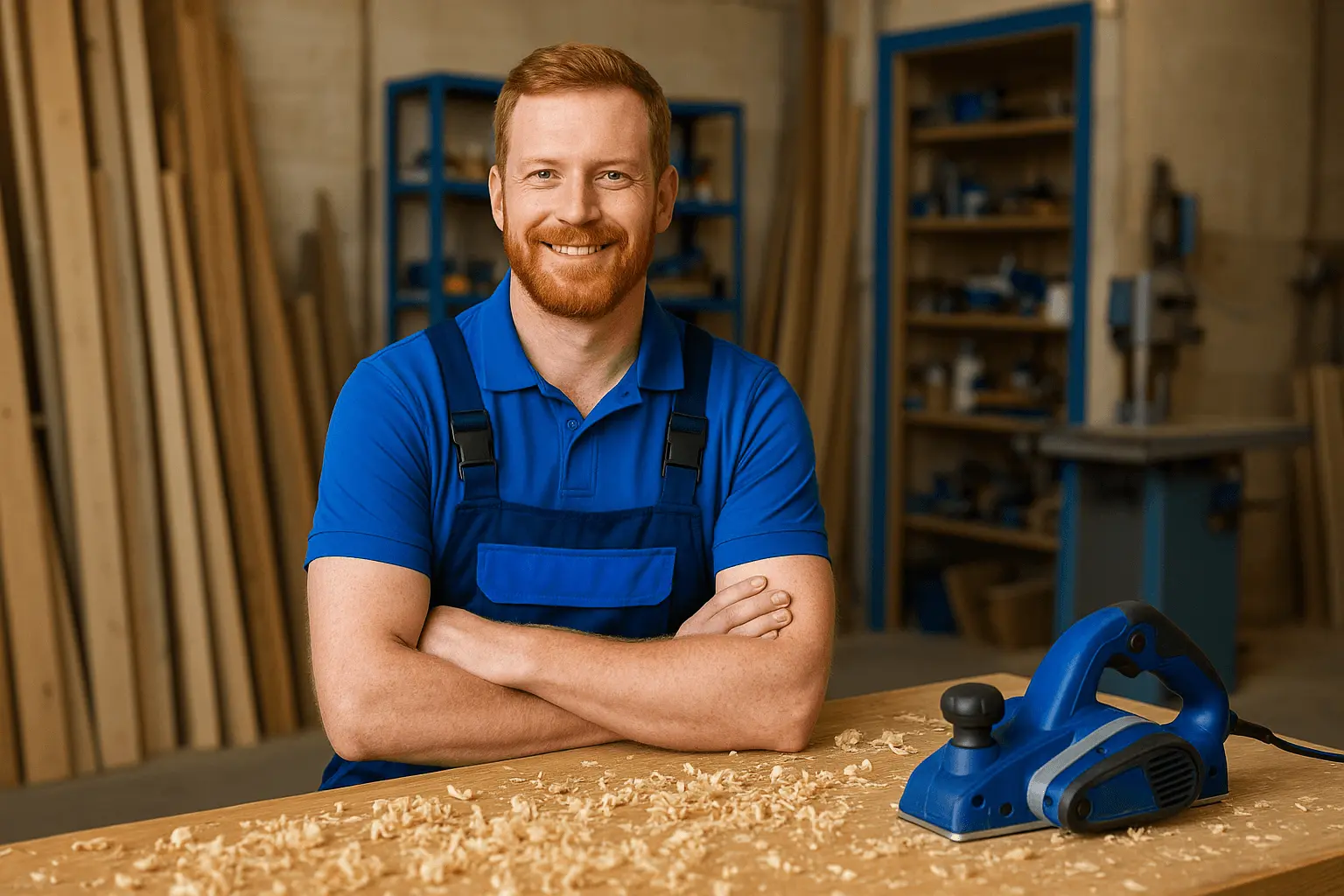 Tischlermeister arbeitet in Werkstatt und fertigt Holzbauteile an