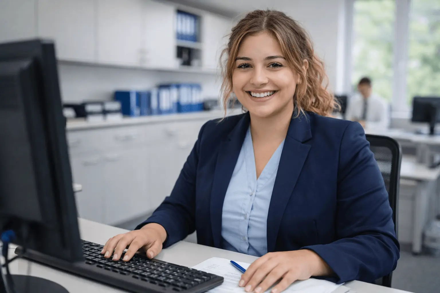 Verwaltungswirtin im mittleren Dienst am Arbeitsplatz im Büro