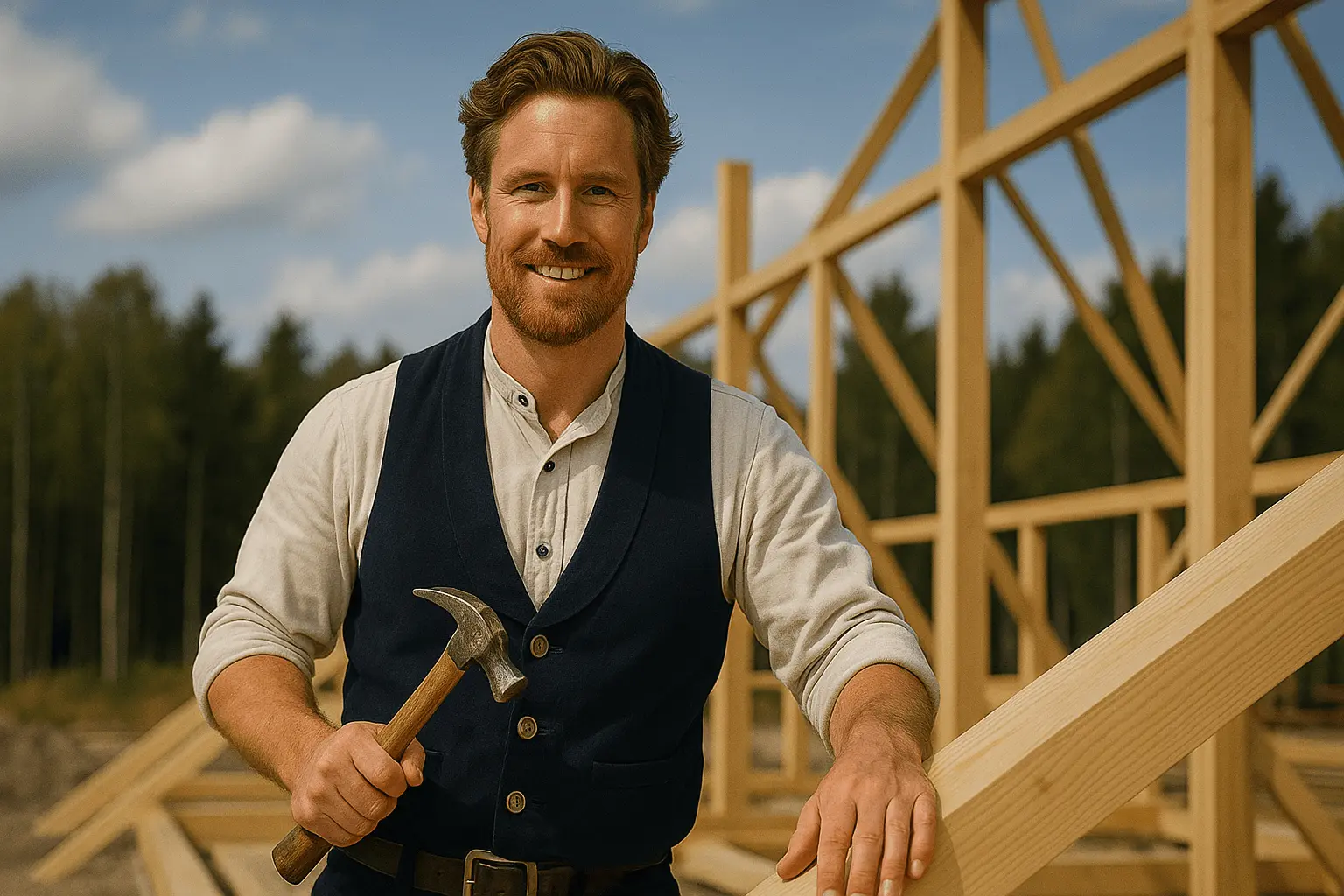 Zimmerermeister arbeitet mit Hammer am Holzrahmenbau im Freien