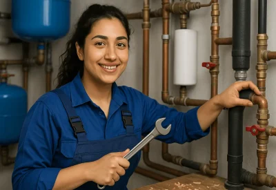 Anlagenmechaniker repariert Heizungsanlage in Technikraum