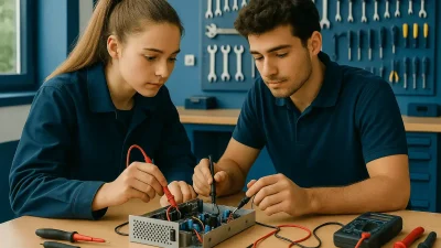 Azubis arbeiten gemeinsam an einer elektrischen Schaltung