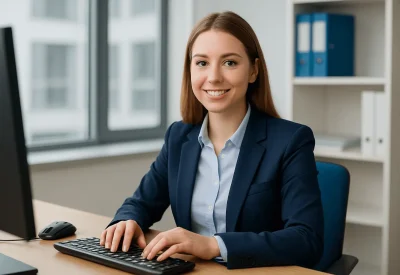 Bankkauffrau berät Kunden am Computer im Bankbüro