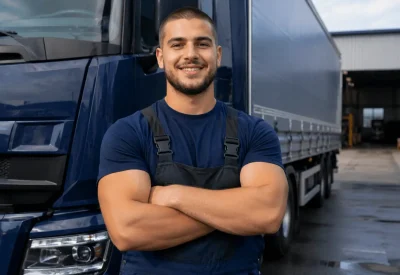 Berufskraftfahrer in Ausbildung am LKW im Logistikbereich
