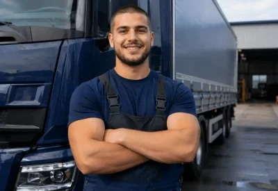 Berufskraftfahrer in Ausbildung am LKW im Logistikbereich