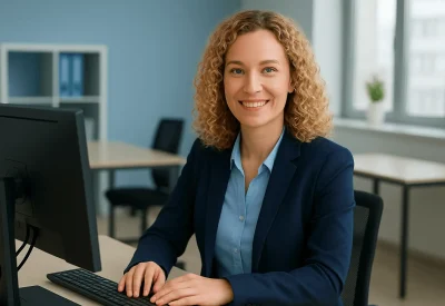 Porträt einer lächelnden 34-jährigen deutschen Frau mit blonden Locken in dunkelblauem Blazer und hellblauer Bluse, die in einem modernen Büro an ihrem Schreibtisch sitzt und in die Kamera schaut; das Bild symbolisiert berufliche Schlüsselkompetenzen wie Professionalität, Kommunikationsfähigkeit und Kompetenz.