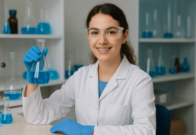 Chemikant analysiert blaue Flüssigkeit im Labor