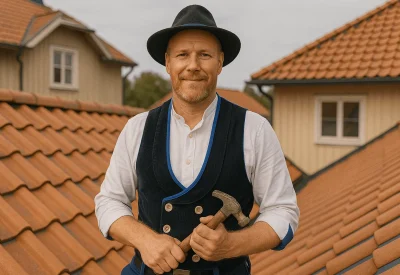 Dachdeckermeister überprüft Ziegeldach auf Baustelle