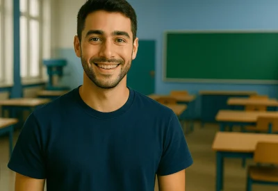 Azubi im Klassenraum lernt Deutsch für Ausbildungsberufe