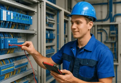 Elektroniker für Automatisierungstechnik prüft Schaltschrank