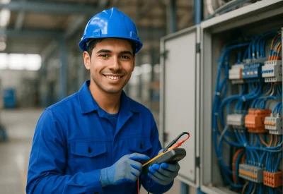 Elektroniker für Betriebstechnik misst Spannung an Anlage