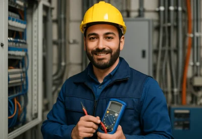 Elektrotechnikermeister kontrolliert Stromkreise in Halle