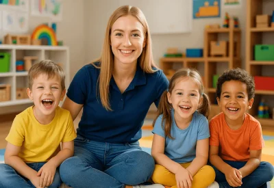 Erzieherin spielt lachend mit Kindern im Kindergarten