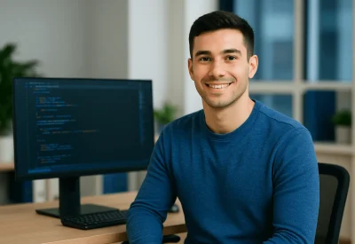 Fachinformatiker programmiert Software am Bildschirm