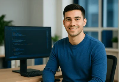 Fachinformatiker programmiert Software am Bildschirm