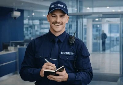 Sicherheitsfachkraft überwacht Gebäude im Wachdienst