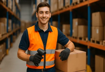 Fachlagerist prüft Kartons mit Scanner im Lager