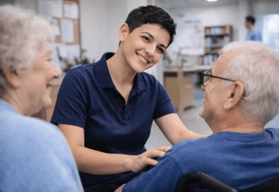 Geprüfte Fachwirtin für Organisation und Führung interagiert im Sozialwesen