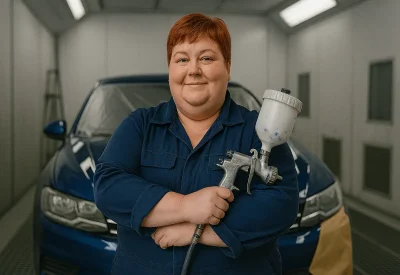 Fahrzeuglackierermeisterin lackiert Auto in Lackierkabine