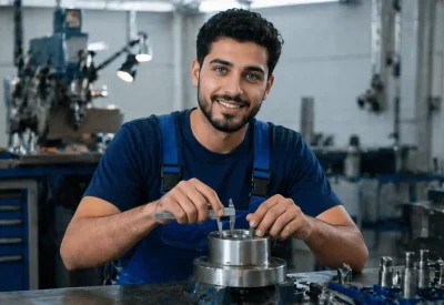 Feinwerkmechaniker misst Metall präzise Werkstatt Portrait