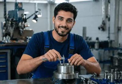 Feinwerkmechaniker misst Metall präzise Werkstatt Portrait