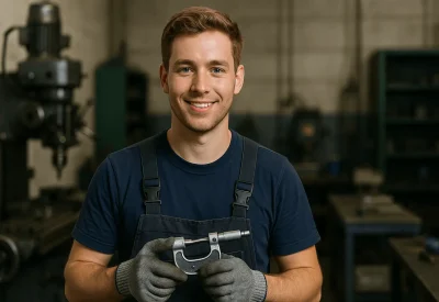 Feinwerkmechanikermeister misst Werkstück in der Werkstatt