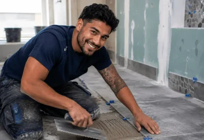 Fliesen-, Platten- und Mosaikleger in Ausbildung auf der Baustelle