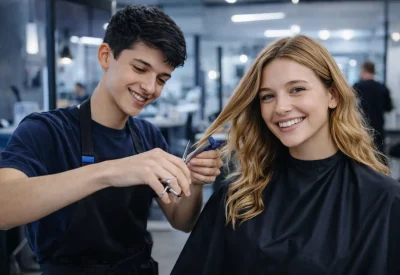 Friseur schneidet Modell die Haare
