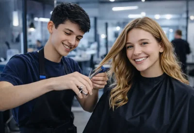 Friseur schneidet Modell die Haare
