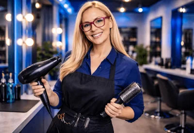 Friseurmeister mit Föhn und Rundbürste im Salon