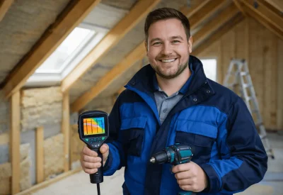 Gebäudeenergieberater mit Wärmebildkamera
