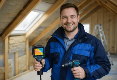 Gebäudeenergieberater mit Wärmebildkamera