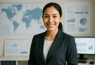 Außenhandelsfachwirtin vor Weltkarte