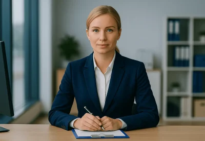 Geprüfte Bankfachwirtin mit Unterlagen im Büro