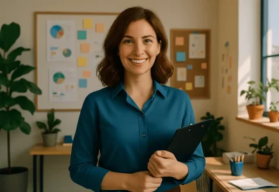 Geprüfte Fachwirtin Marketing plant Strategien im Büro