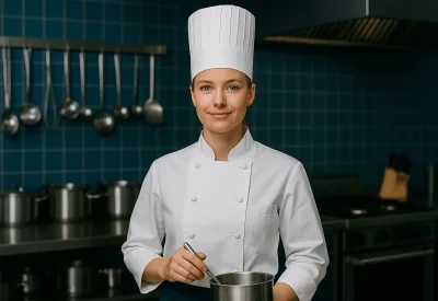 Geprüfte Küchenmeisterin arbeitet in Restaurantküche am Herd