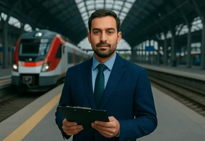 Geprüfter Verkehrsfachwirt prüft Abläufe am Bahnhof