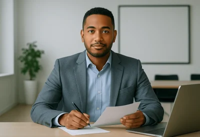 Geprüfter Wirtschaftsfachwirt mit Dokumenten am Schreibtisch