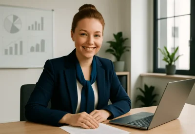 Geprüfte Betriebswirtin arbeitet im Büro