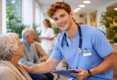 Gerontopsychiatrische Fachkraft betreut Senioren im Pflegealltag