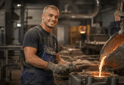 Gießereimechaniker in Ausbildung beim Handformguss in der Gießerei