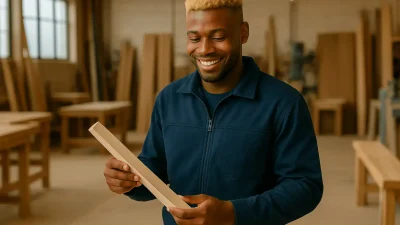 Handwerksmeister begutachtet sorgfältig ein Holzstück